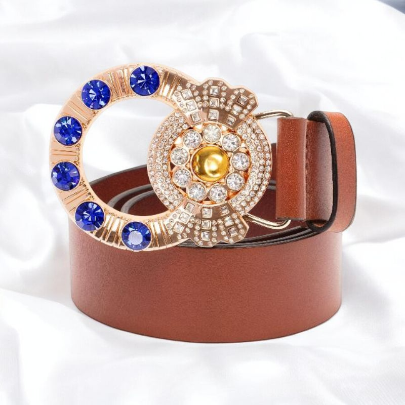 A stylish belt featuring a blue and gold buckle, showcasing a blend of elegance and sophistication.