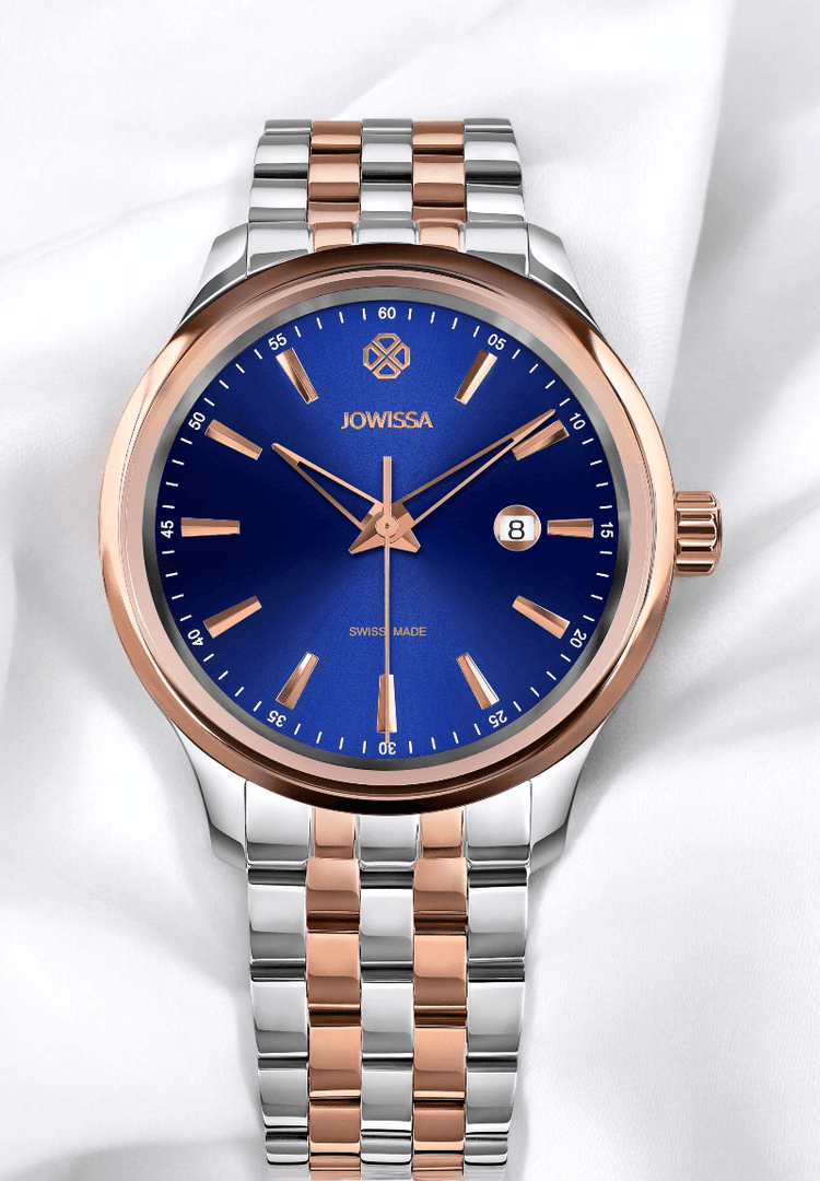 A wooden watch featuring a blue dial and a silver bracelet, showcasing a blend of natural and modern design elements.