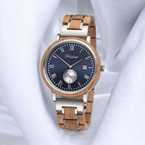 A wooden watch featuring a blue dial adorned with Roman numerals, showcasing a blend of elegance and natural materials.