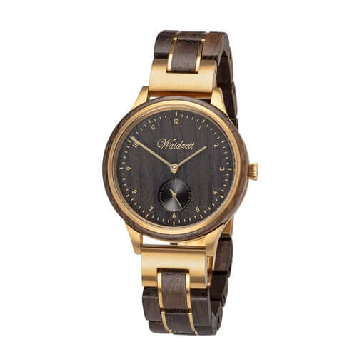 A wooden watch featuring elegant gold accents, showcasing a blend of natural and luxurious design elements.