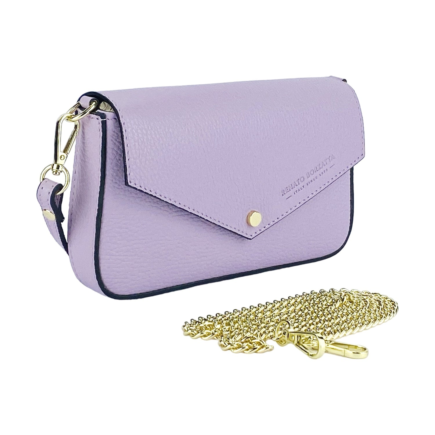 A purple leather crossbody bag featuring a stylish gold clasp, perfect for adding a pop of color to any outfit.