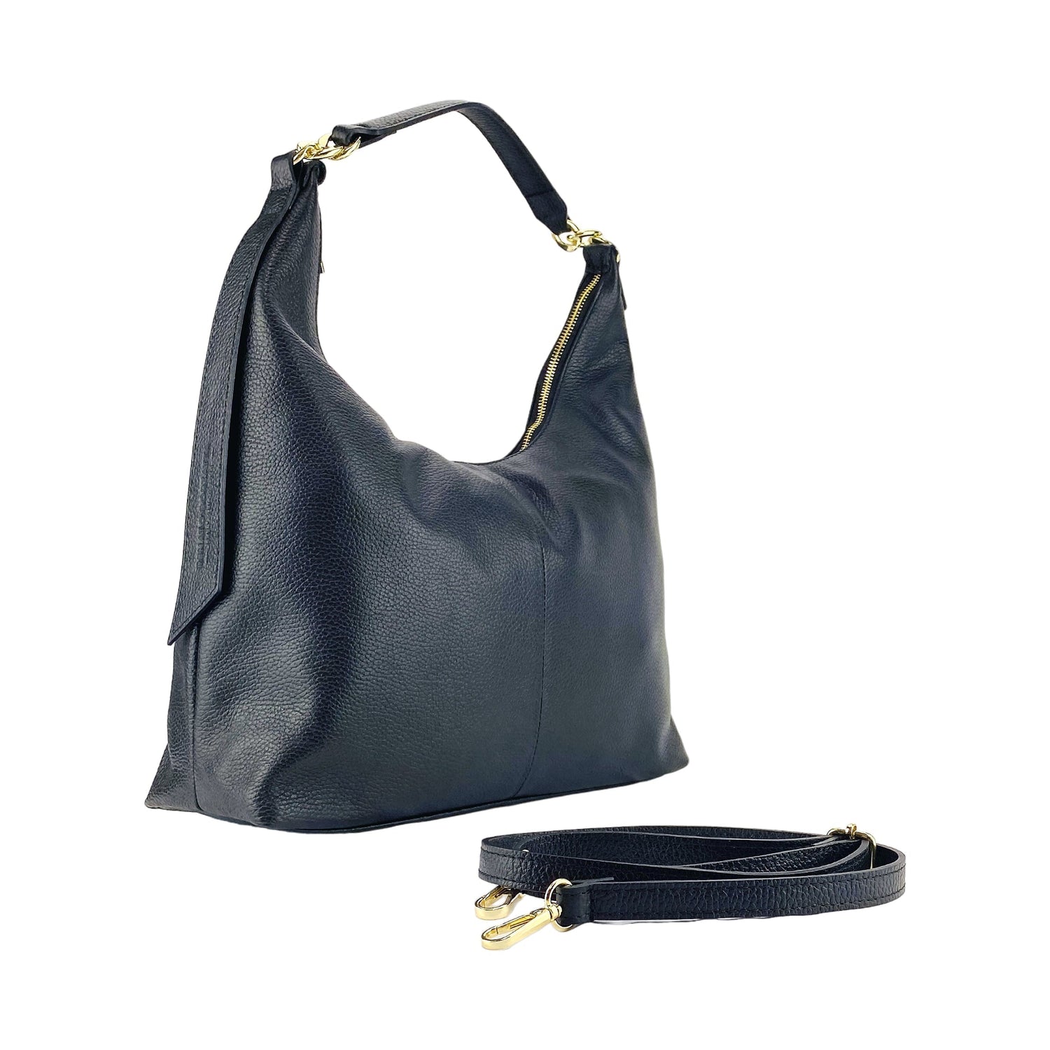 A refined black leather bag with a sleek strap and a stunning gold chain, ideal for adding a touch of luxury to any outfit.