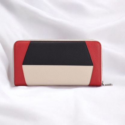 Elegant leather long wallet featuring a sophisticated design with two distinct color blocks for a touch of luxury.