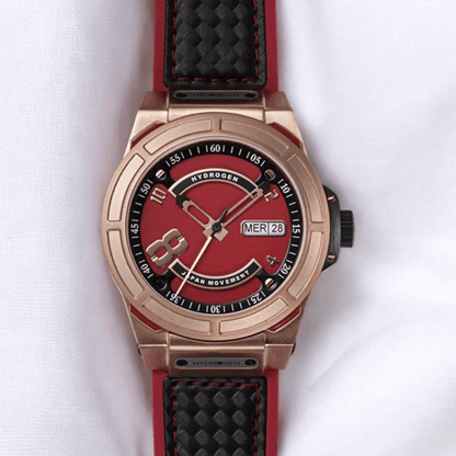 A red and black watch featuring a sleek black dial, showcasing a modern and stylish design.