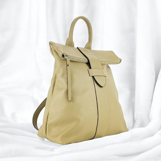 Tan leather backpack featuring a front zipper, showcasing a stylish and functional design for everyday use.