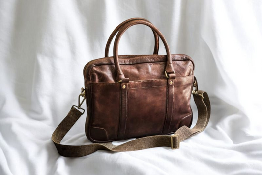 A brown leather bag featuring a sturdy strap, showcasing a classic and elegant design suitable for various occasions.