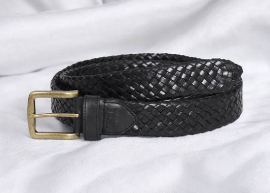 A black leather belt featuring a polished gold buckle, elegantly designed for both style and functionality.