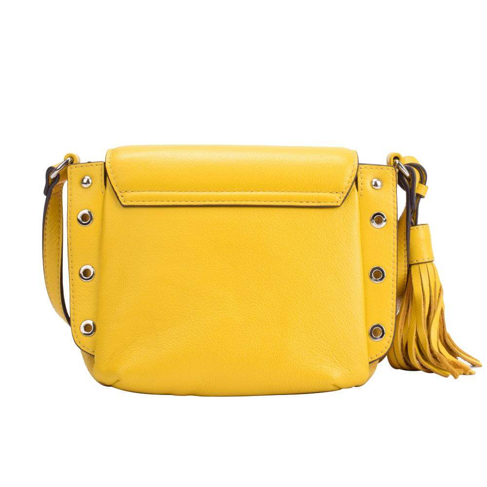 A yellow leather crossbody bag featuring stylish tassels, perfect for adding a pop of color to any outfit.