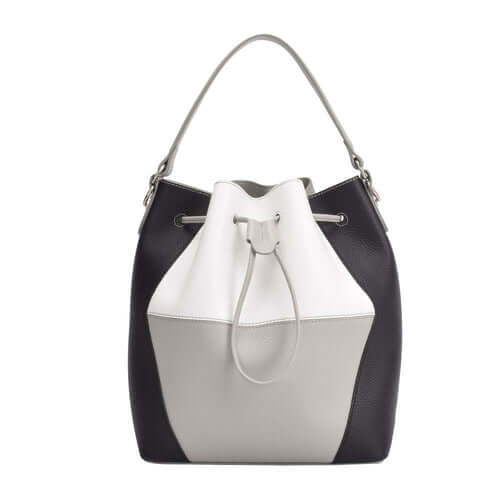 A stylish black and white bucket bag featuring a secure zipper closure, perfect for any occasion.