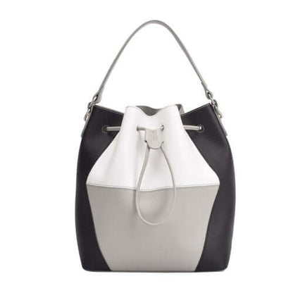 A stylish black and white bucket bag featuring a secure zipper closure, perfect for any occasion.