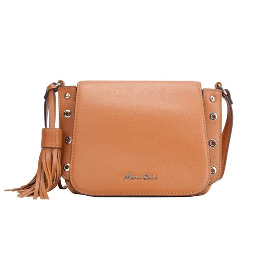 Tan leather crossbody bag featuring a stylish tassel, perfect for casual outings and everyday use.