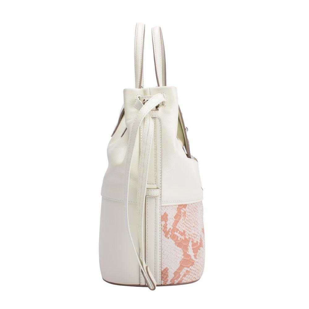 A stylish white handbag featuring elegant pink accents, perfect for adding a touch of color to any outfit.