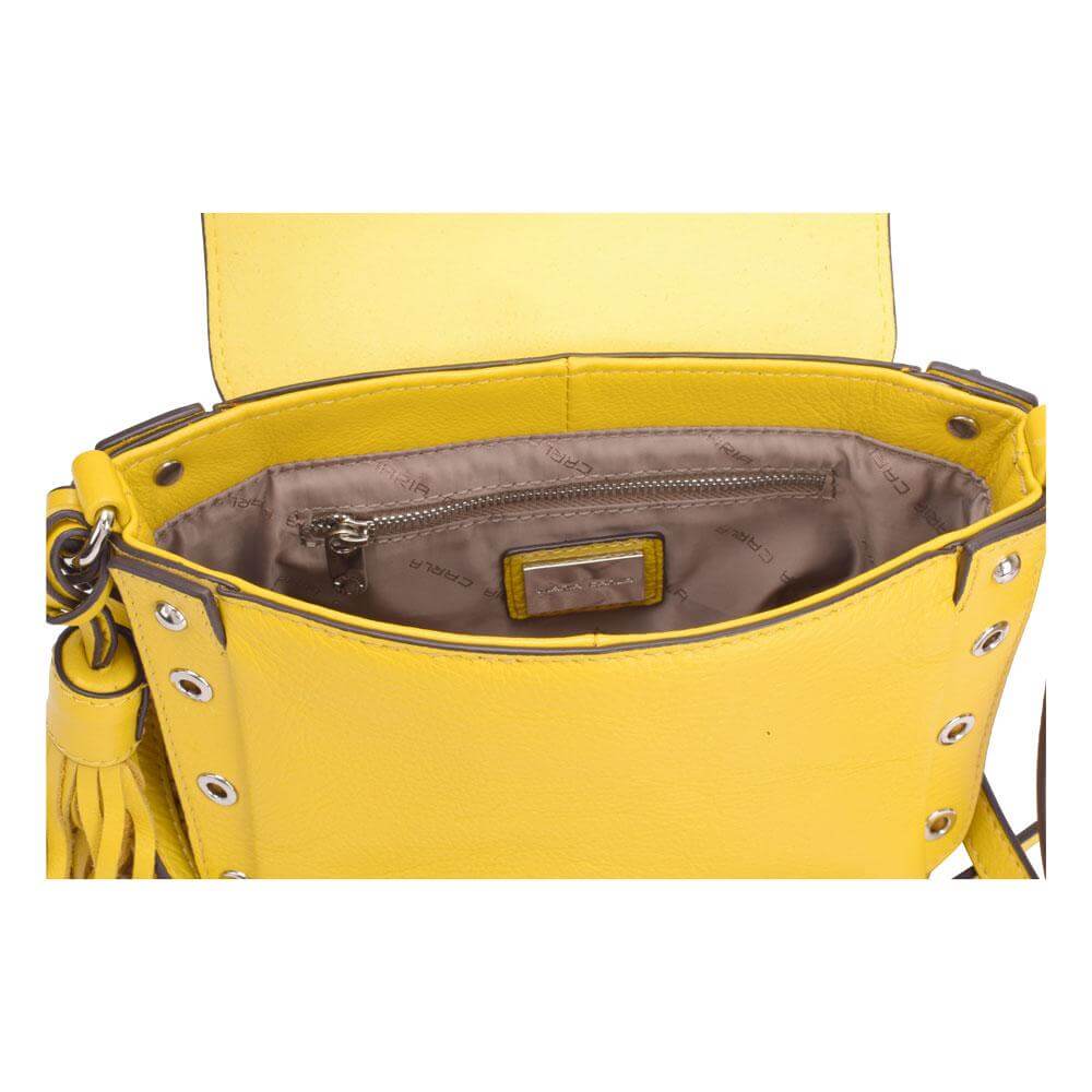 A yellow leather crossbody bag featuring a zipper pocket for secure storage and stylish convenience.