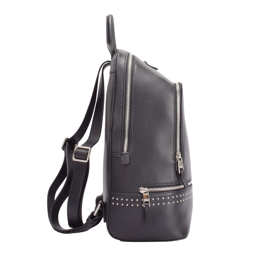 A black backpack featuring studded detailing on the front, showcasing a stylish and edgy design.