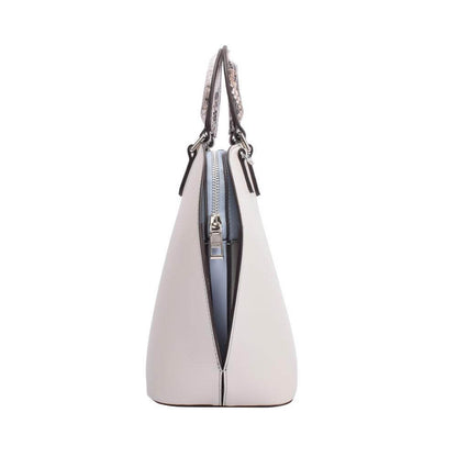 A stylish white handbag featuring a convenient front zipper for easy access.