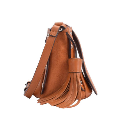 Tan leather crossbody bag featuring a stylish tassel, perfect for casual outings and everyday use.