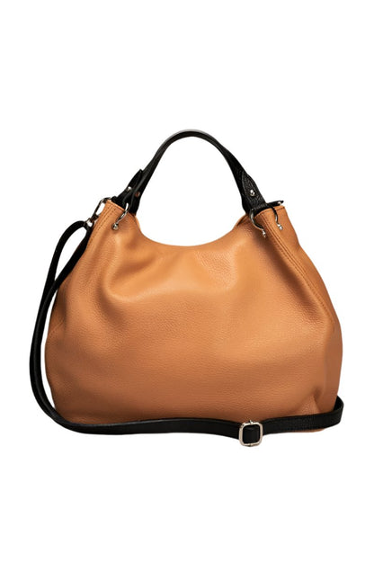 A sophisticated cognac/black leather bag featuring elegant tan handles, perfect for a touch of luxury in any ensemble.