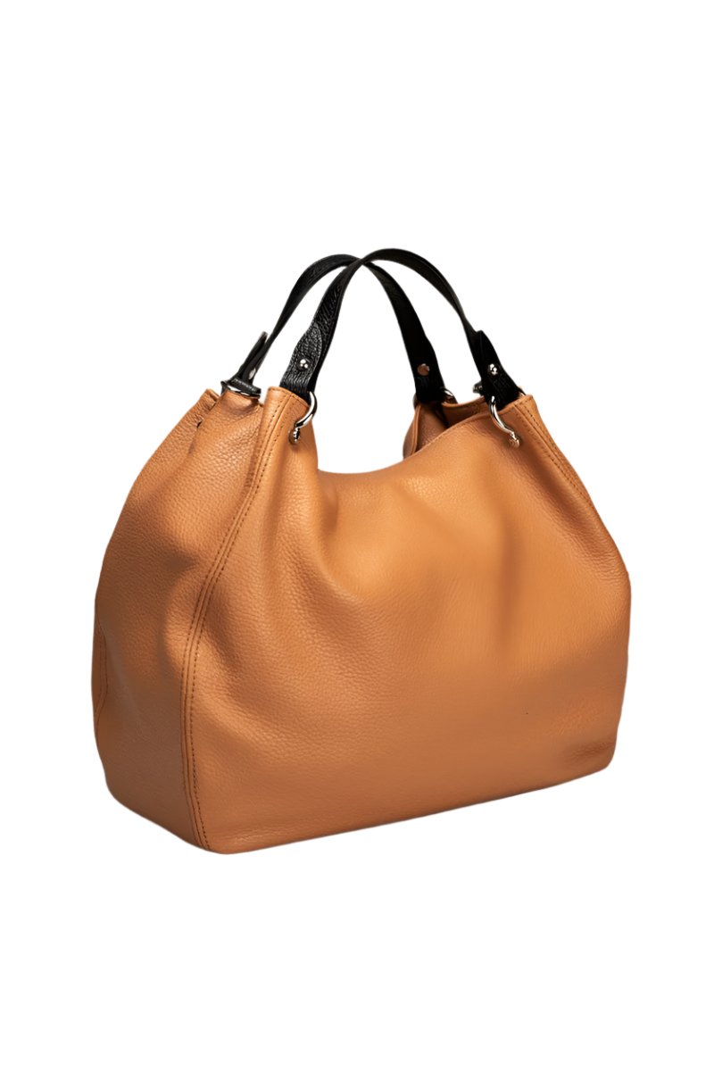 A sophisticated cognac/black leather bag featuring elegant tan handles, perfect for a touch of luxury in any ensemble.