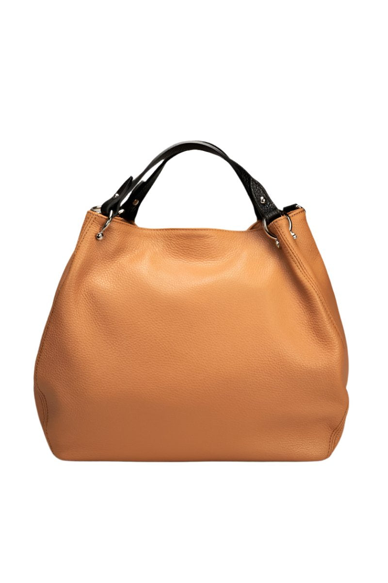 A sophisticated cognac/black leather bag featuring elegant tan handles, perfect for a touch of luxury in any ensemble.