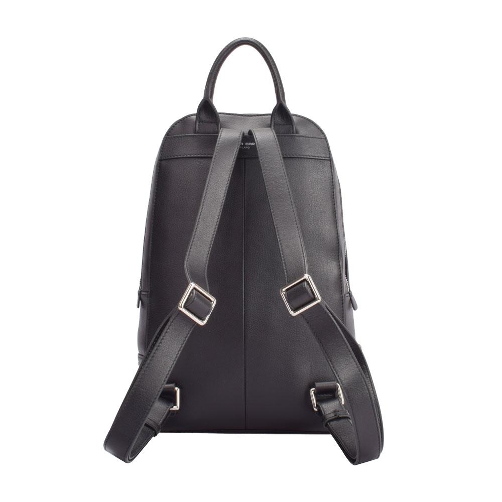 A black backpack featuring studded detailing on the front, showcasing a stylish and edgy design.