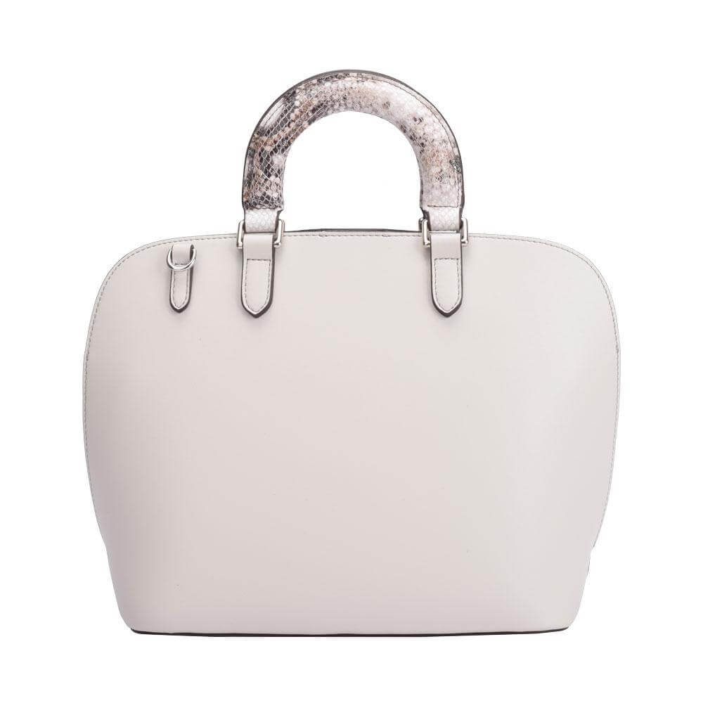 A stylish white leather bag featuring unique snakeskin handles, perfect for adding flair to any outfit.