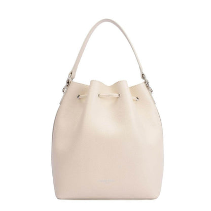 A stylish white and grey bucket bag featuring a convenient strap for easy carrying.