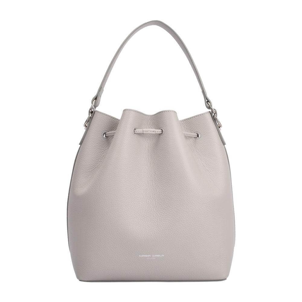 A stylish white and grey bucket bag featuring a convenient strap for easy carrying.