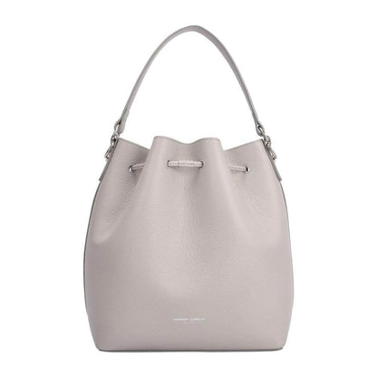 A stylish white and grey bucket bag featuring a convenient strap for easy carrying.