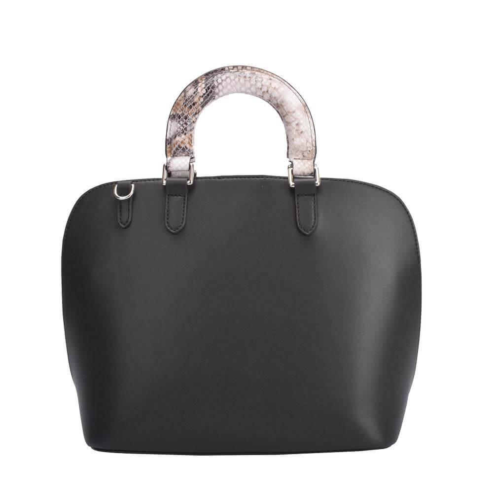 A stylish black leather bag featuring unique snakeskin handles, perfect for adding flair to any outfit.