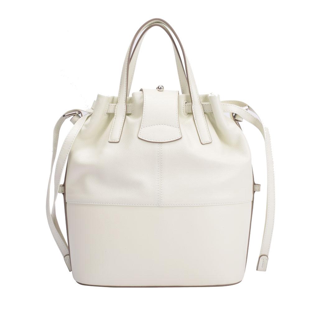 A white leather tote bag featuring a zipper pocket for secure storage and stylish organization.