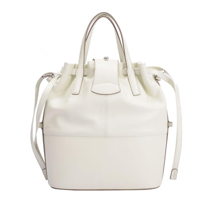 A white leather tote bag featuring a zipper pocket for secure storage and stylish organization.