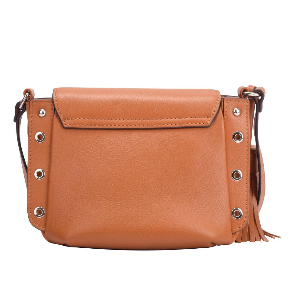 Tan leather crossbody bag featuring a stylish tassel, perfect for casual outings and everyday use.