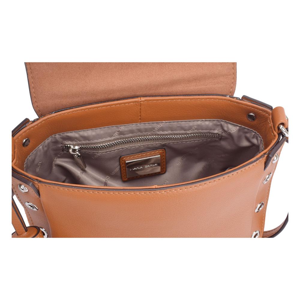 Tan leather crossbody bag featuring two spacious compartments for organized storage and easy access.