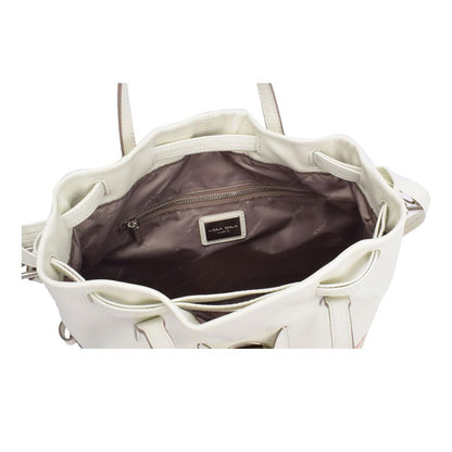 A white leather tote bag featuring a zipper pocket for secure storage and stylish organization.