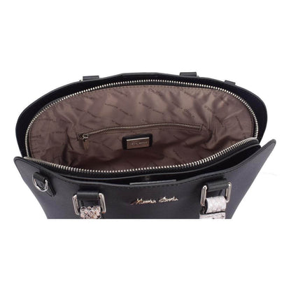 A sleek black open leather handbag featuring a zipper and two spacious compartments for organized storage.