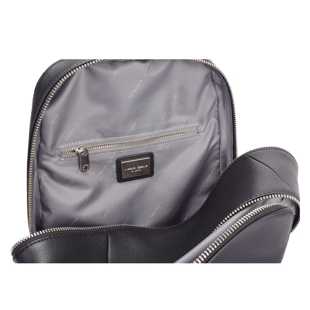 A black backpack featuring a front zipper for easy access and secure storage of belongings.