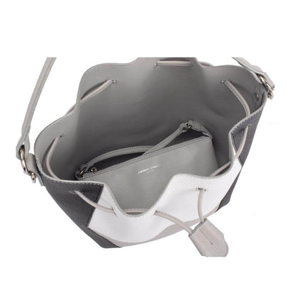 A stylish white and grey bucket bag featuring a convenient strap for easy carrying.