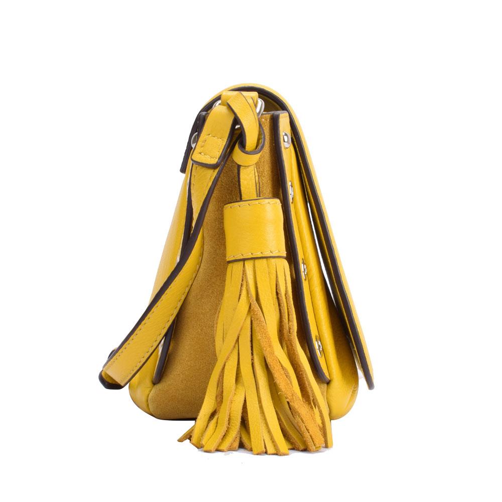 A yellow leather crossbody bag featuring stylish tassels, perfect for adding a pop of color to any outfit.