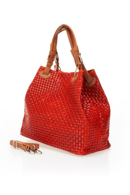  Luxurious red woven bag with dual handles and a refined leather strap, perfect for any stylish occasion.