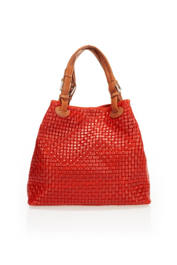  Luxurious red woven bag with dual handles and a refined leather strap, perfect for any stylish occasion.