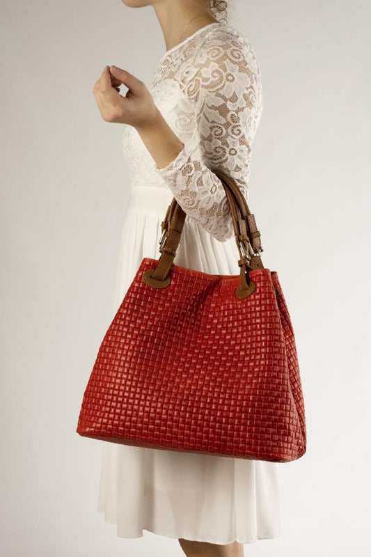  Luxurious red woven bag with dual handles and a refined leather strap, perfect for any stylish occasion.