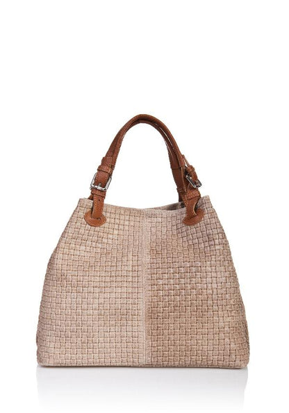  Luxurious taupe woven bag with dual handles and a refined leather strap, perfect for any stylish occasion.