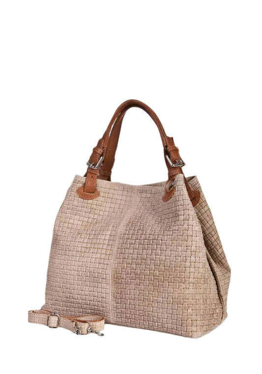  Luxurious taupe woven bag with dual handles and a refined leather strap, perfect for any stylish occasion.