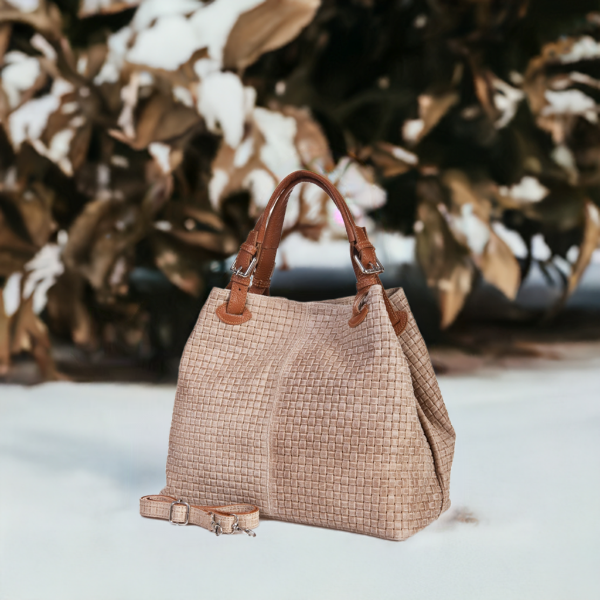  Luxurious taupe woven bag with dual handles and a refined leather strap, perfect for any stylish occasion.