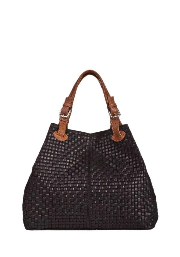  Luxurious black woven bag with dual handles and a refined leather strap, perfect for any stylish occasion.