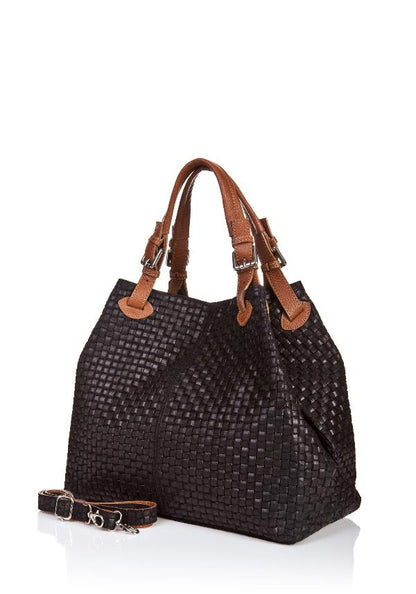  Luxurious black woven bag with dual handles and a refined leather strap, perfect for any stylish occasion.