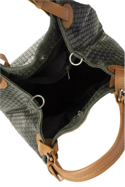  Luxurious dark green woven bag with dual handles and a refined leather strap, perfect for any stylish occasion.