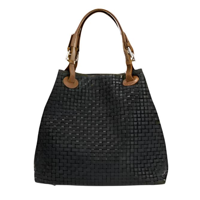  Luxurious dark green woven bag with dual handles and a refined leather strap, perfect for any stylish occasion.