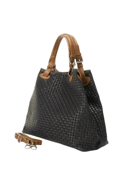  Luxurious green woven bag with dual handles and a refined leather strap, perfect for any stylish occasion.