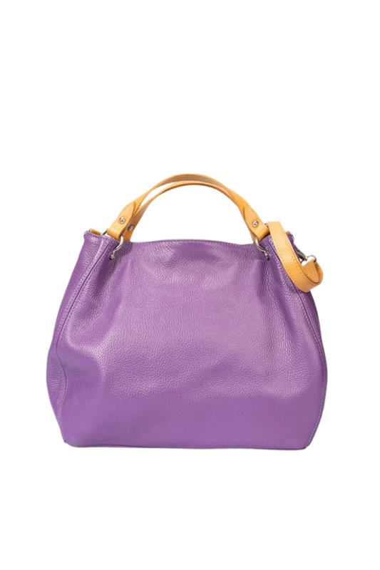 A sophisticated lilla leather bag featuring elegant tan handles, perfect for a touch of luxury in any ensemble.